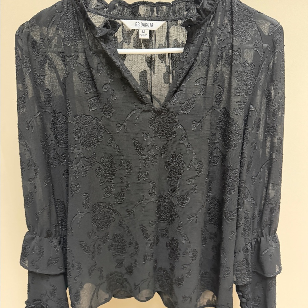 BB Dakota Black Floral Burnout V-Neck Blouse